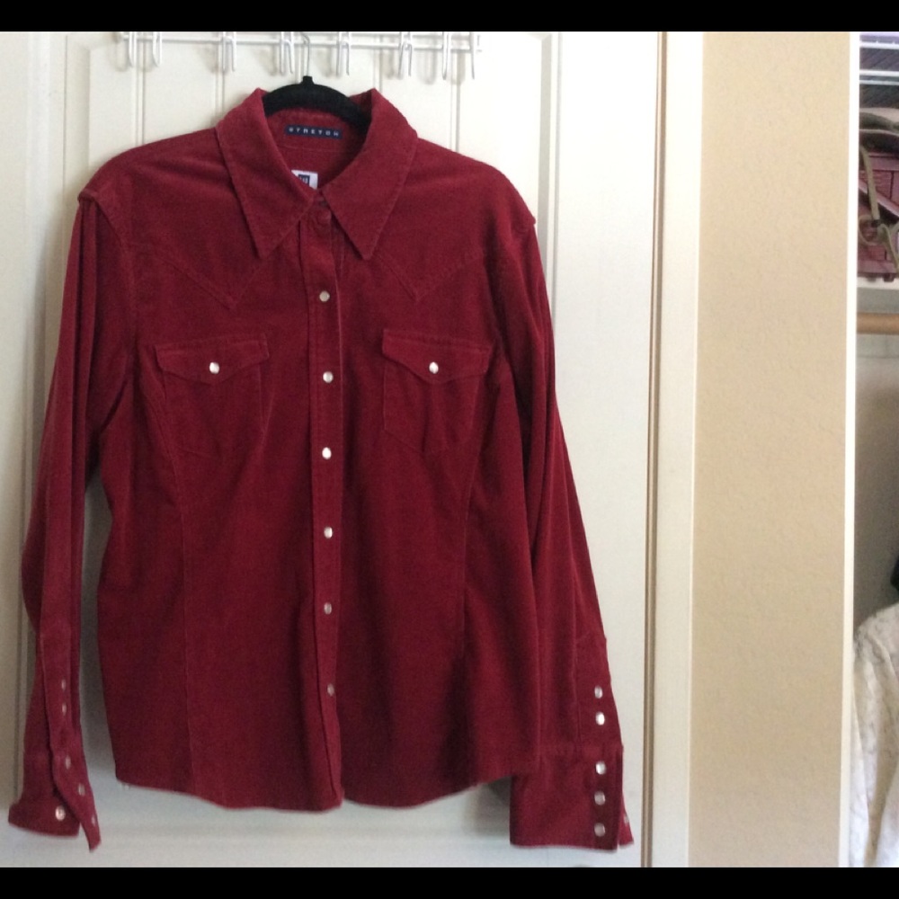 Red corduroy shirt/jacket. Western style.